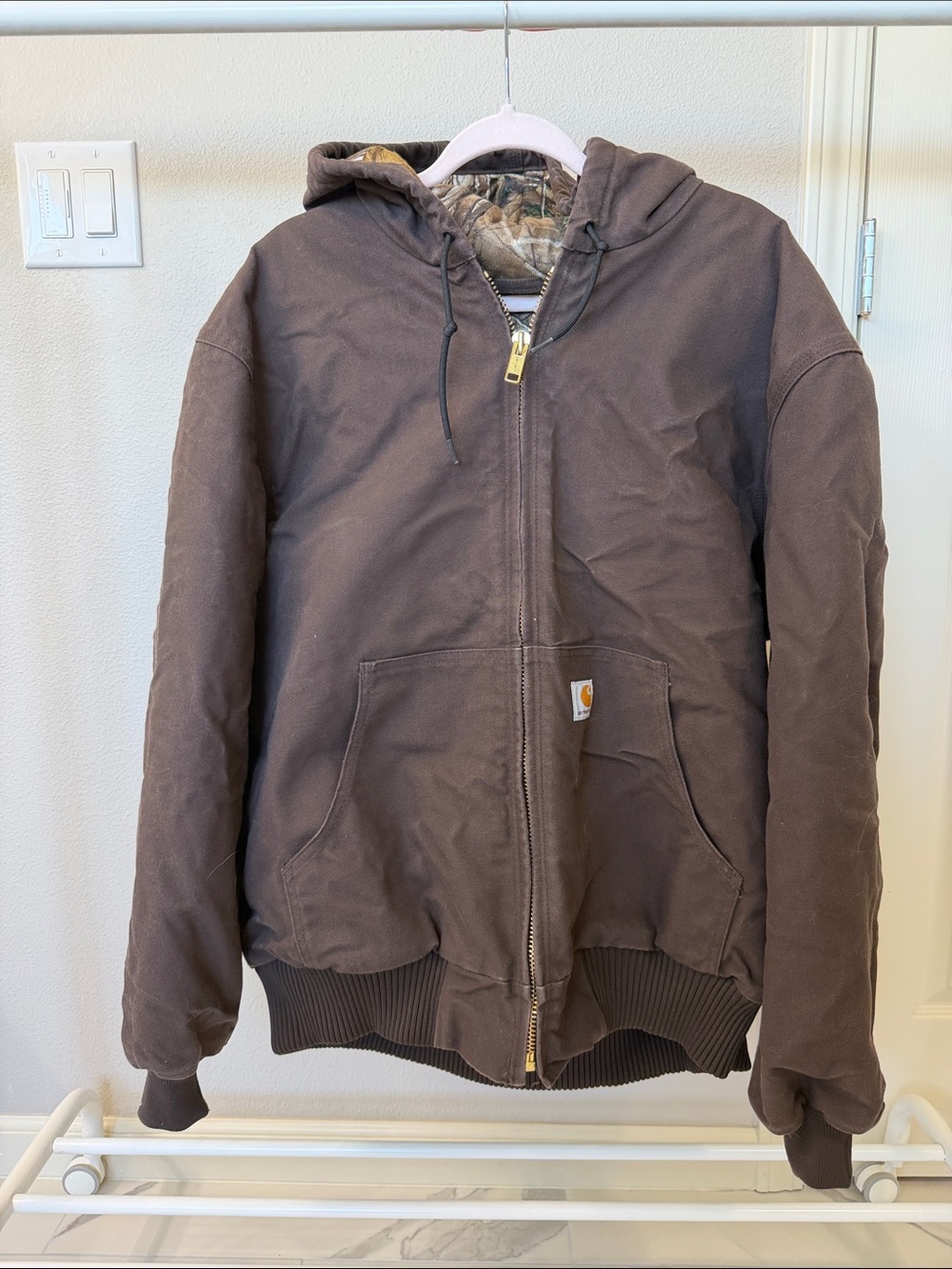 Carhartt Brown Distressed Hooded Canvas Camo Lined Jacket